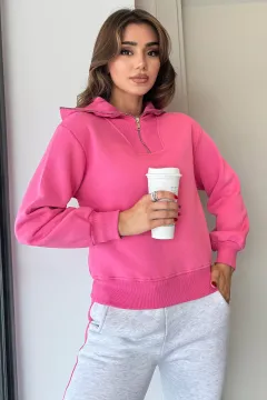 Üç İplik Şardonlu Yarım Fermuarlı Kadın Sweatshirt Pembe