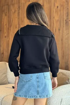 Üç İplik Şardonlu Yarım Fermuarlı Kadın Sweatshirt Siyah