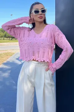 V Yaka Ajurlu Kadın Crop Top Bluz Pembe