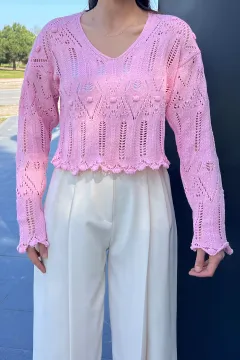 V Yaka Ajurlu Kadın Crop Top Bluz Pembe