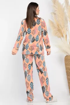 Yaprak Desenli Kadın Polar Pijama Takımı Somon