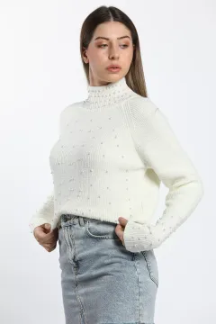 Yarım Balıkçı İncili Crop Top Triko Kazak Krem