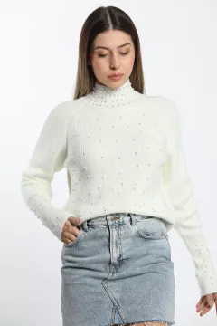 Yarım Balıkçı İncili Crop Top Triko Kazak Krem