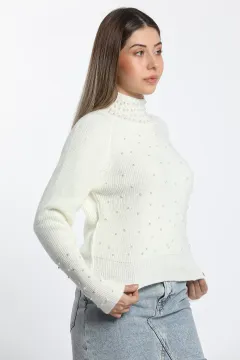 Yarım Balıkçı İncili Crop Top Triko Kazak Krem