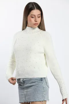 Yarım Balıkçı İncili Crop Top Triko Kazak Krem