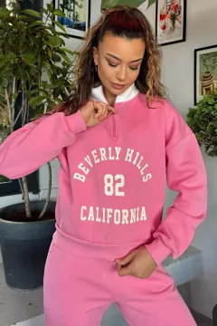 Yarım Fermuarlı Şardonlu Kadın Sweatshirt Pembe