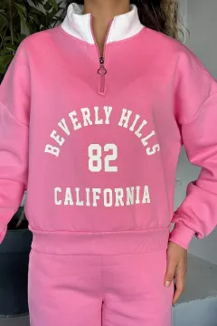 Yarım Fermuarlı Şardonlu Kadın Sweatshirt Pembe