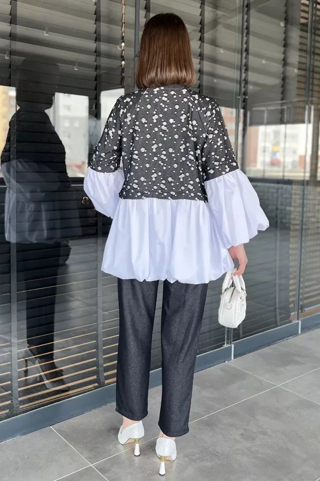 Balon Kol Garnili Taşlanmış Tunik Pantolon Jeans İkili Takım Siyah