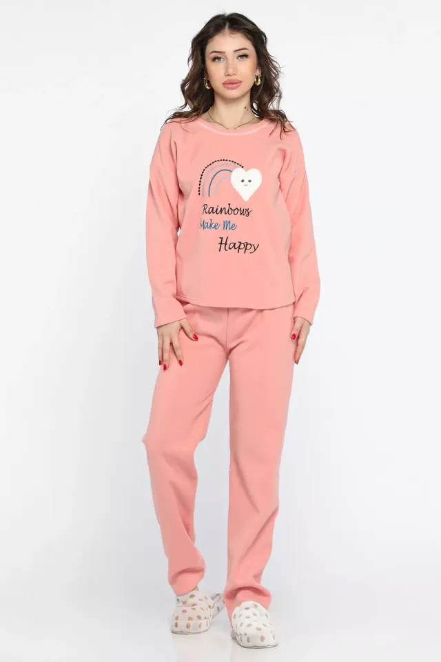 Baskılı Polar Kadın Pijama Takımı Pembe