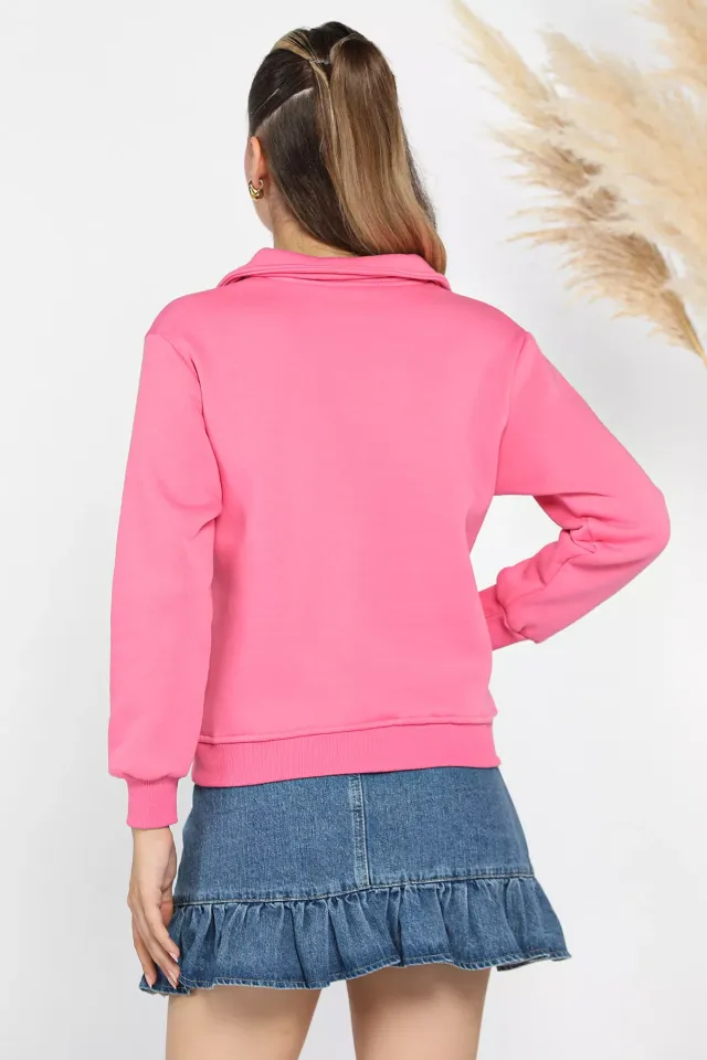 Bebe Yaka Yarım Fermuarlı Şardonlu Üç İplik Sweatshirt Pembe