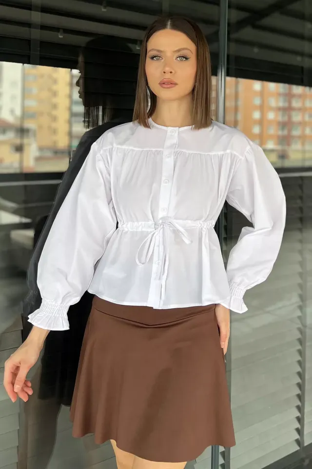 Bel Bağlamalı Kol Lastikli Kadın Bisiklet Yaka Gömlek Beyaz