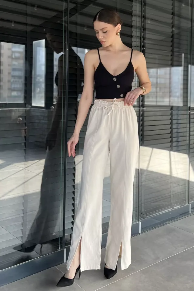 Bel Lastikli Yırtmaçlı Keten Pantolon Taş
