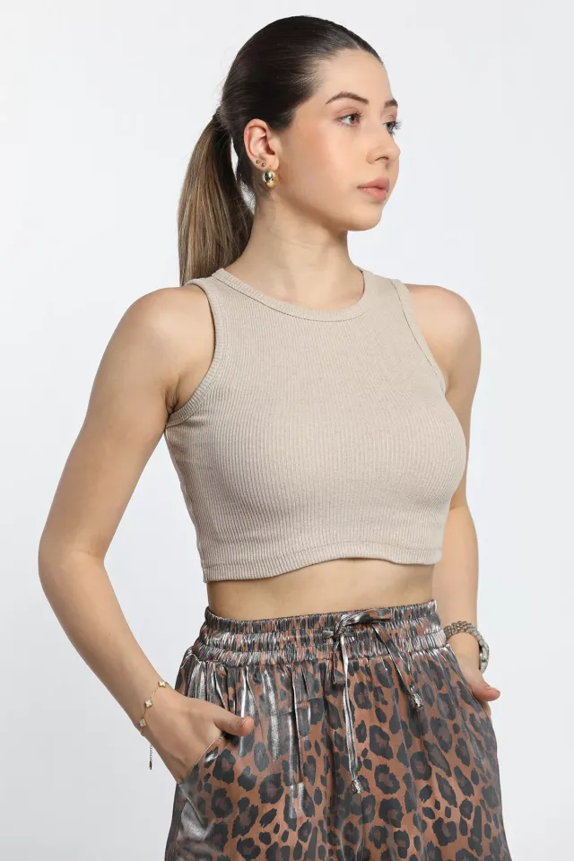 Bisiklet Yaka Kaşkorse Crop Top Büstiyer Bluz Bej