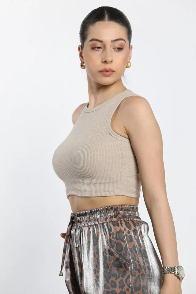 Bisiklet Yaka Kaşkorse Crop Top Büstiyer Bluz Bej