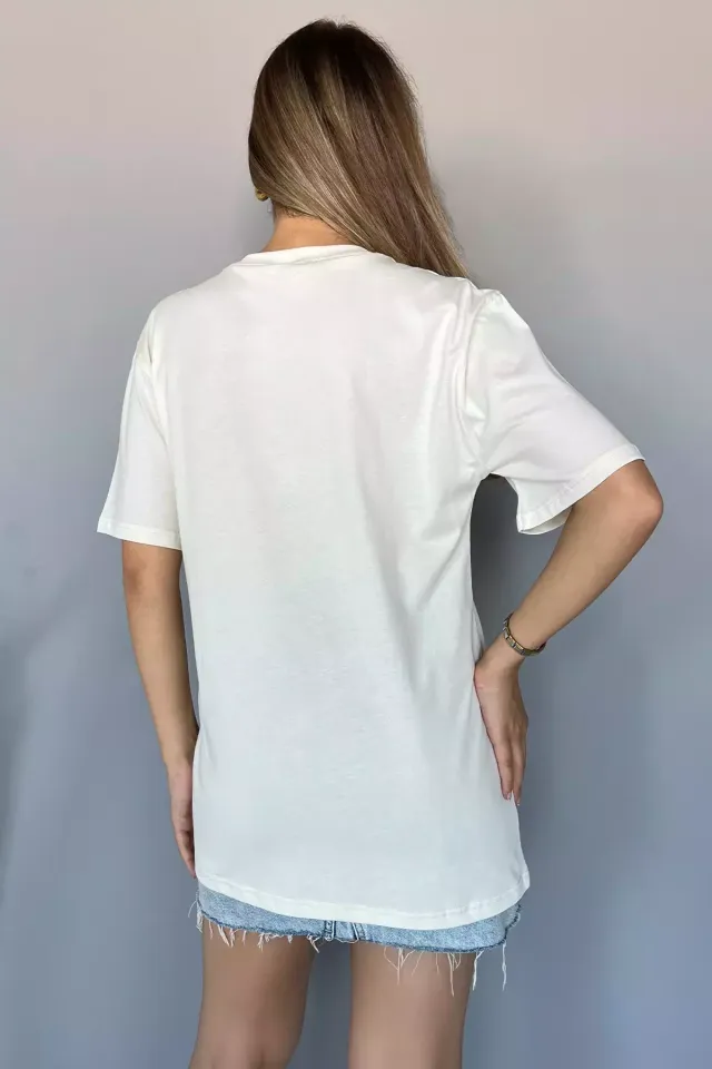 Bisiklet Yaka Love Baskılı Taşlı Kadın Tişört Krem