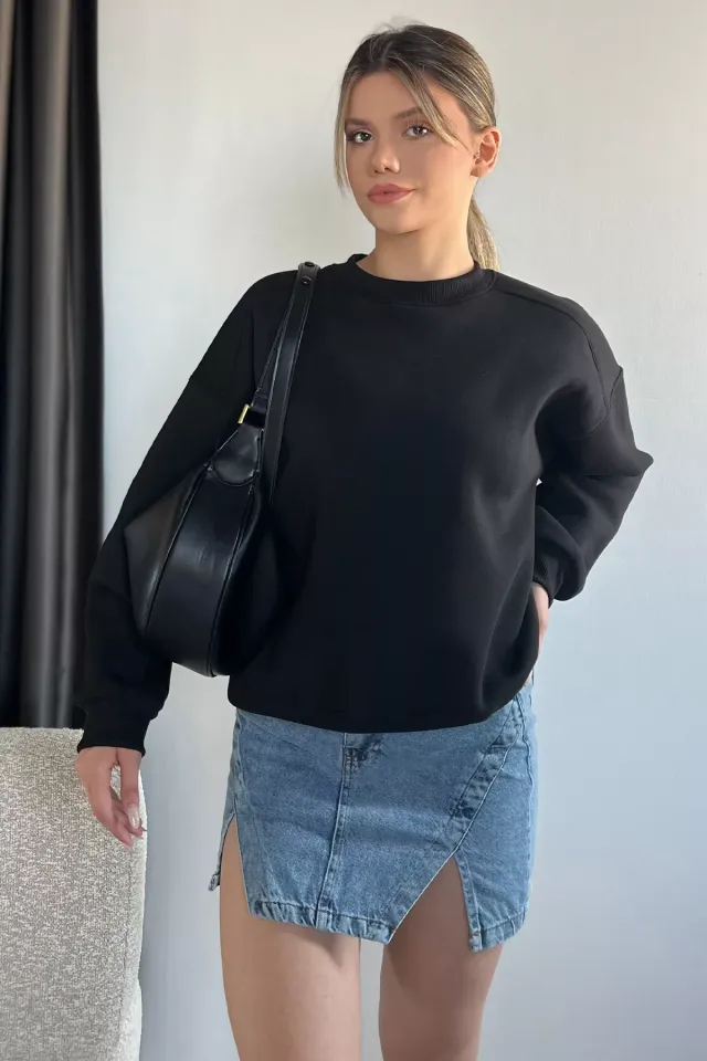 Bisiklet Yaka Oversize Kadın Sweatshirt Siyah