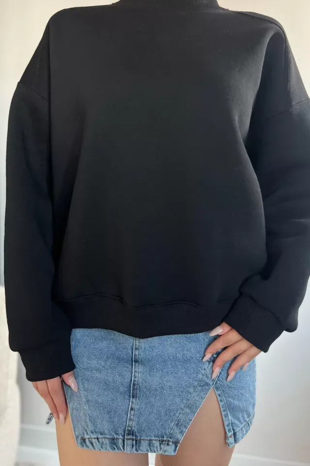 Bisiklet Yaka Oversize Kadın Sweatshirt Siyah