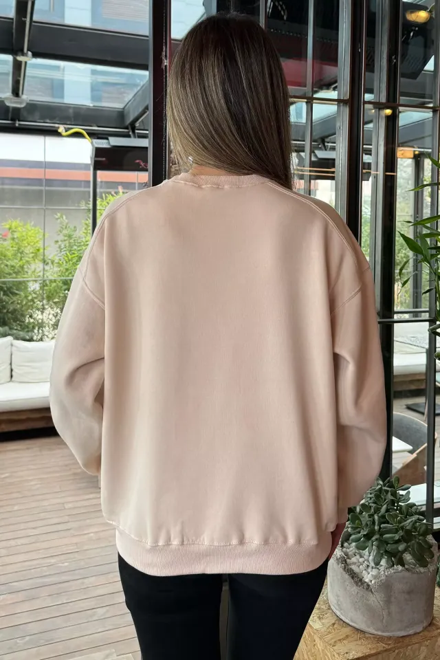 Bisiklet Yaka Oversize Kadın Sweatshirt Bej