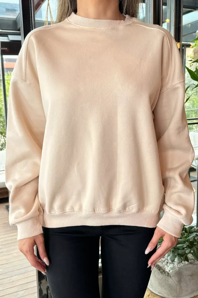 Bisiklet Yaka Oversize Kadın Sweatshirt Bej