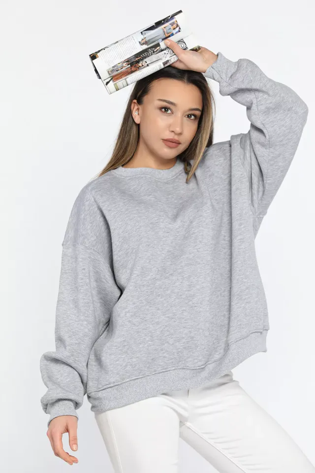 Bisiklet Yaka Oversize Kadın Sweatshirt Gri