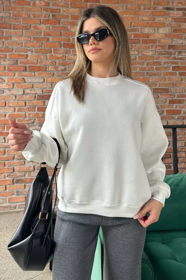 Bisiklet Yaka Oversize Kadın Sweatshirt Krem