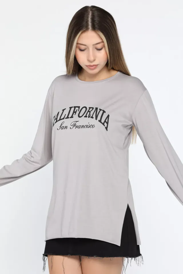 California Baskılı Bisiklet Yaka Yan Yırtmaçlı Penye Sweatshirt Gri