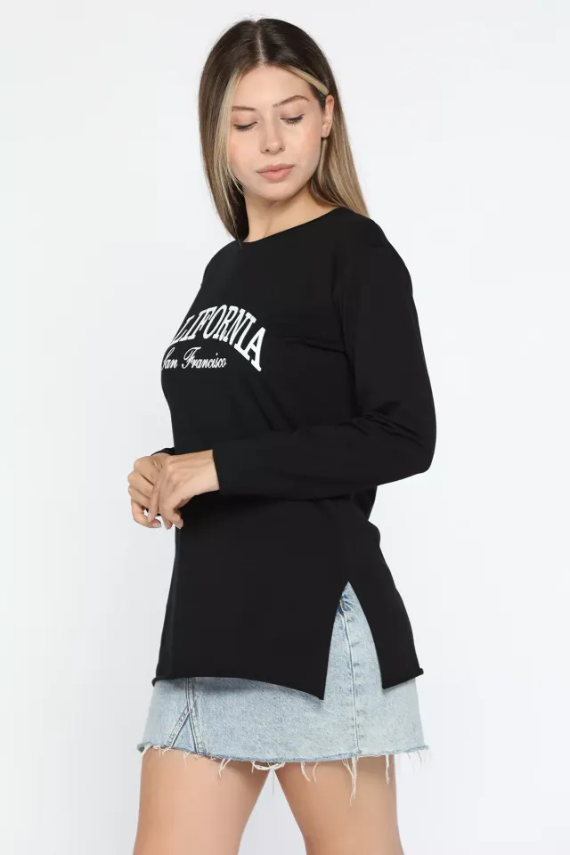 California Baskılı Bisiklet Yaka Yan Yırtmaçlı Penye Sweatshirt Siyah