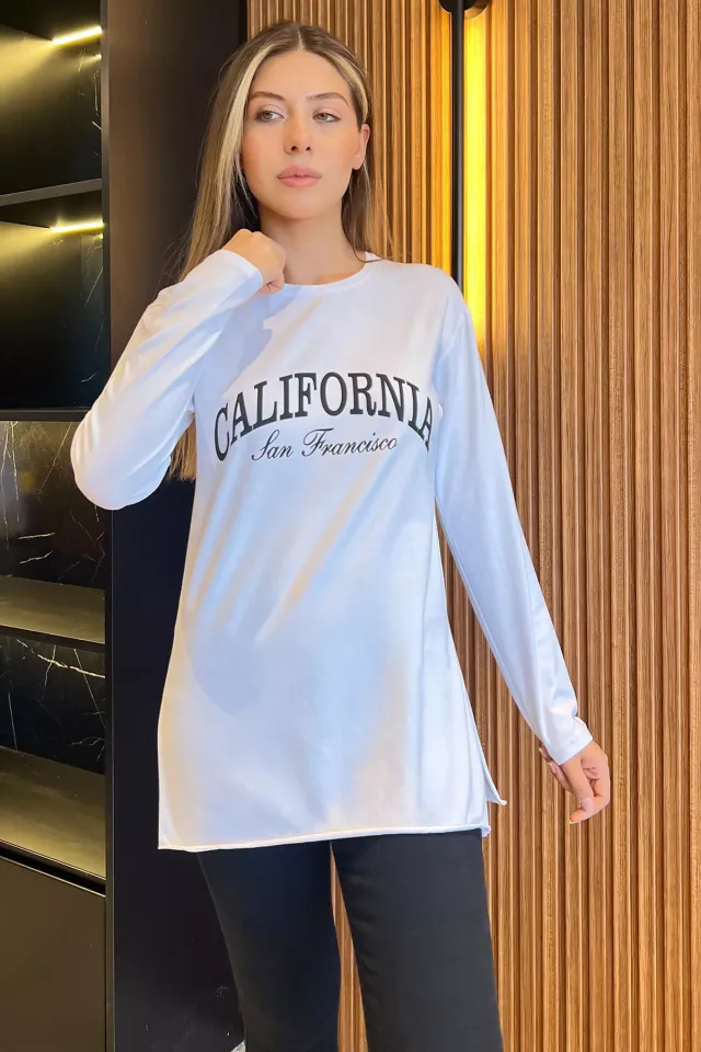 California Baskılı Bisiklet Yaka Yan Yırtmaçlı Penye Sweatshirt Beyaz