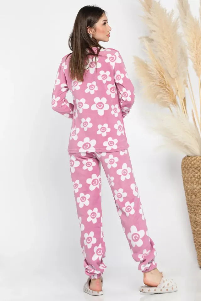 Çiçek Desenli Kadın Polar Pijama Takımı Açıklila