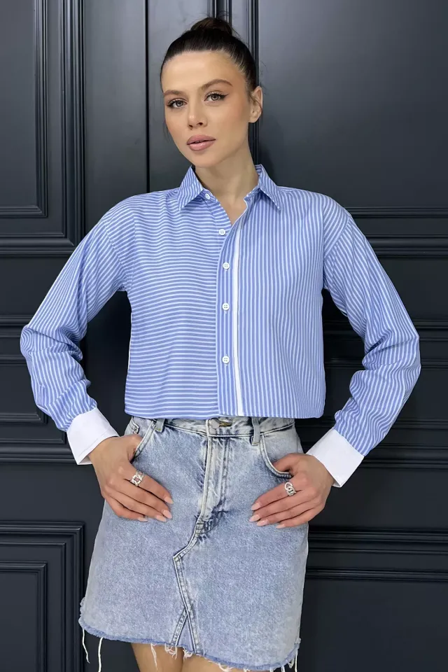 Çizgili Kadın Crop Top Gömlek Mavi