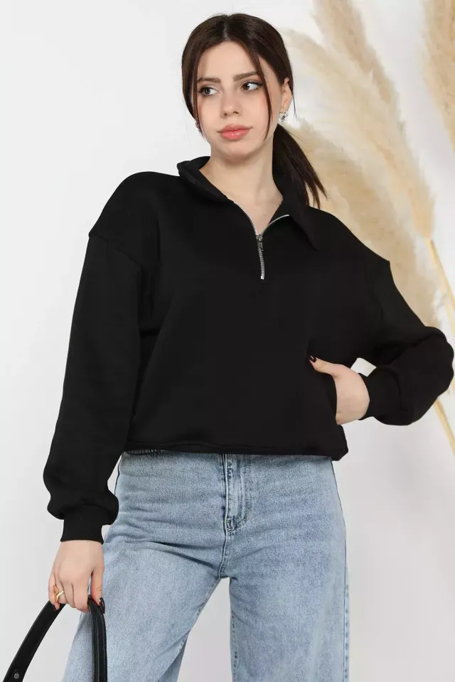 Dik Yaka Yarım Fermuarlı Şardonlu Kadın Sweatshirt Siyah