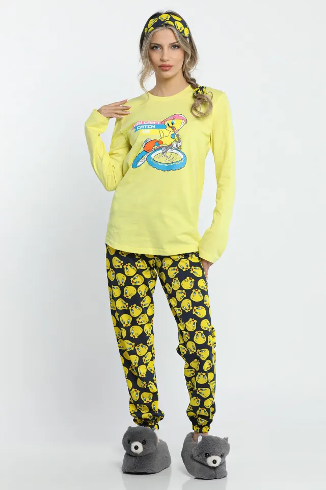 Gece Uyku Keyfi İçin Baskılı Pijama Takımı Sarı