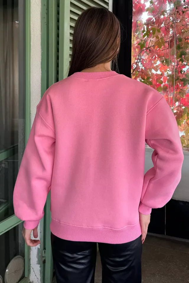 Gül Detaylı Şardonlu Sweatshirt Pembe