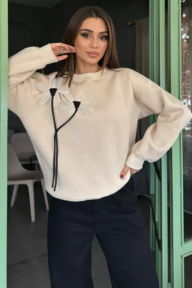 Gül Detaylı Şardonlu Sweatshirt Taş