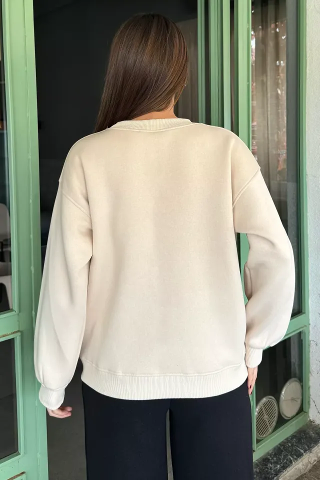 Gül Detaylı Şardonlu Sweatshirt Taş