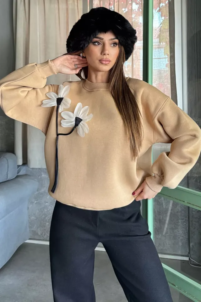 Gül Detaylı Şardonlu Sweatshirt Bisküvi