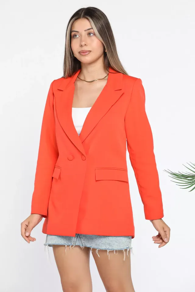 Kadın Astarlı Düğmeli Blazer Ceket Orange