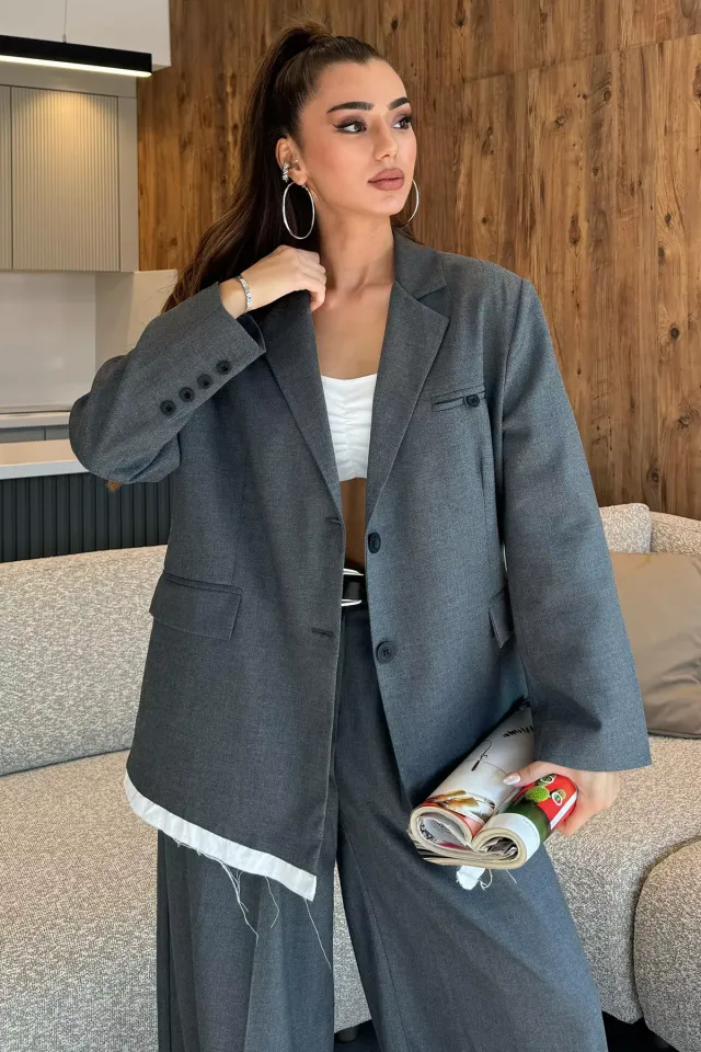 Kadın Astarlı Oversize Arka Yazılı Blazer Ceket Antrasit