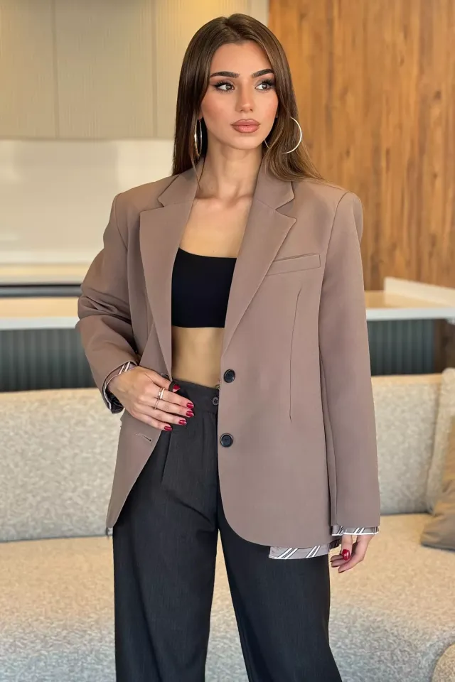 Kadın Astarlı Oversize Blazer Ceket Vizon