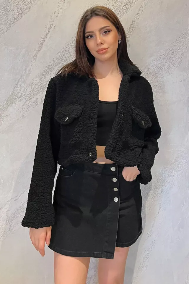 Kadın Astarlı Peluş Crop Top Ceket Siyah