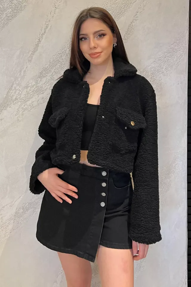 Kadın Astarlı Peluş Crop Top Ceket Siyah