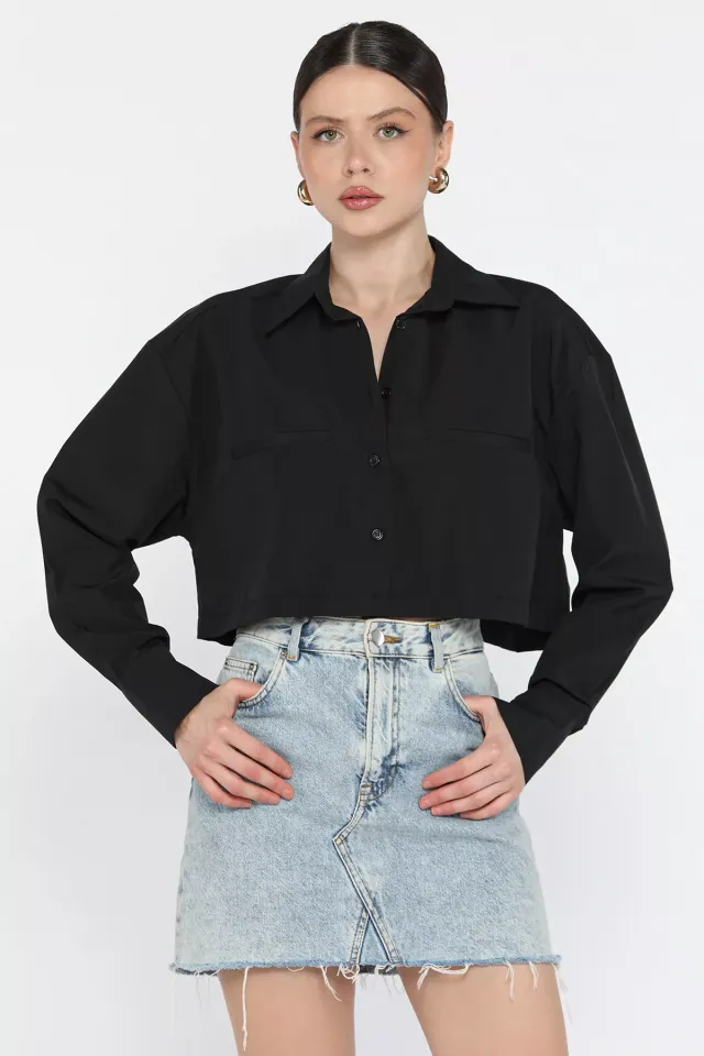 Kadın Basic Crop Top Gömlek Siyah