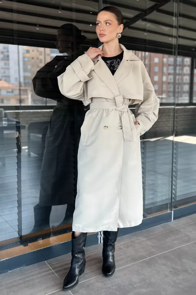 Kadın Bel Kuşaklı Yırtmaçlı Oversize Trençkot Taş