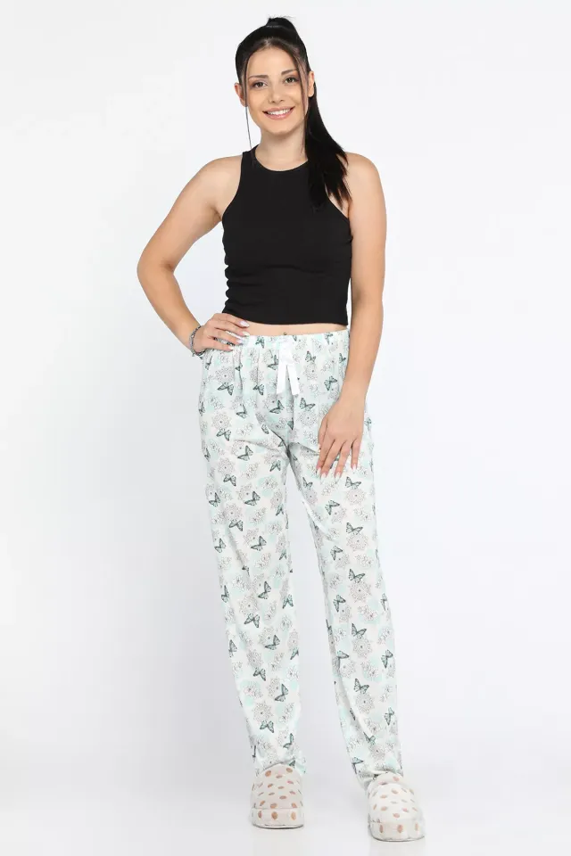 Kadın Beli Lastikli Desenli Pijama Altı Mint