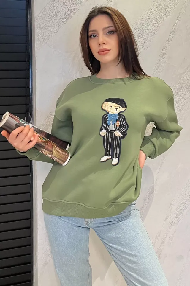 Kadın Bisiklet Yaka Aplikeli Sweatshirt (aplike Ayılar Farklı Gelebilir) Haki