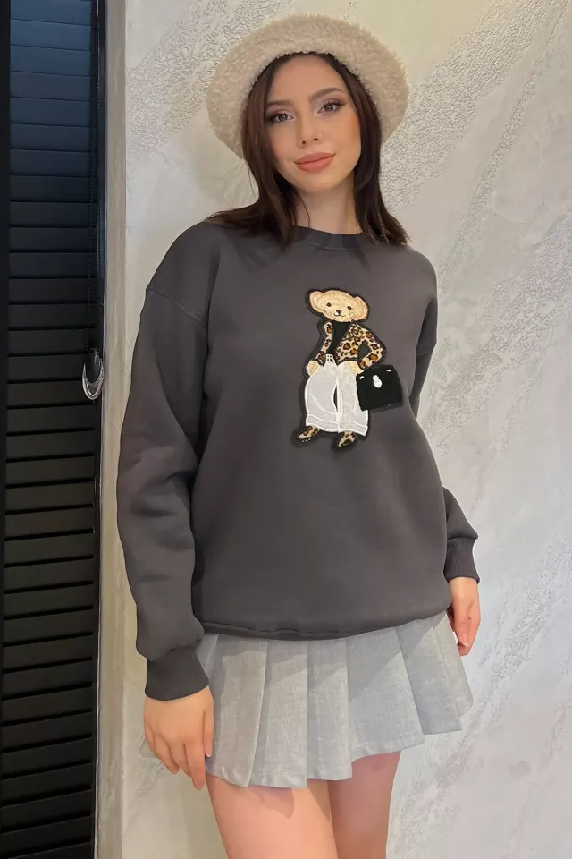 Kadın Bisiklet Yaka Aplikeli Sweatshirt (aplike Ayılar Farklı Gelebilir) Füme