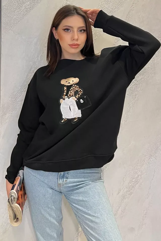 Kadın Bisiklet Yaka Aplikeli Sweatshirt (aplike Ayılar Farklı Gelebilir) Siyah