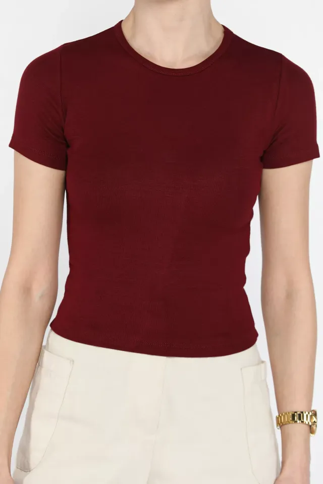 Kadın Bisiklet Yaka Basic Tişört Bordo