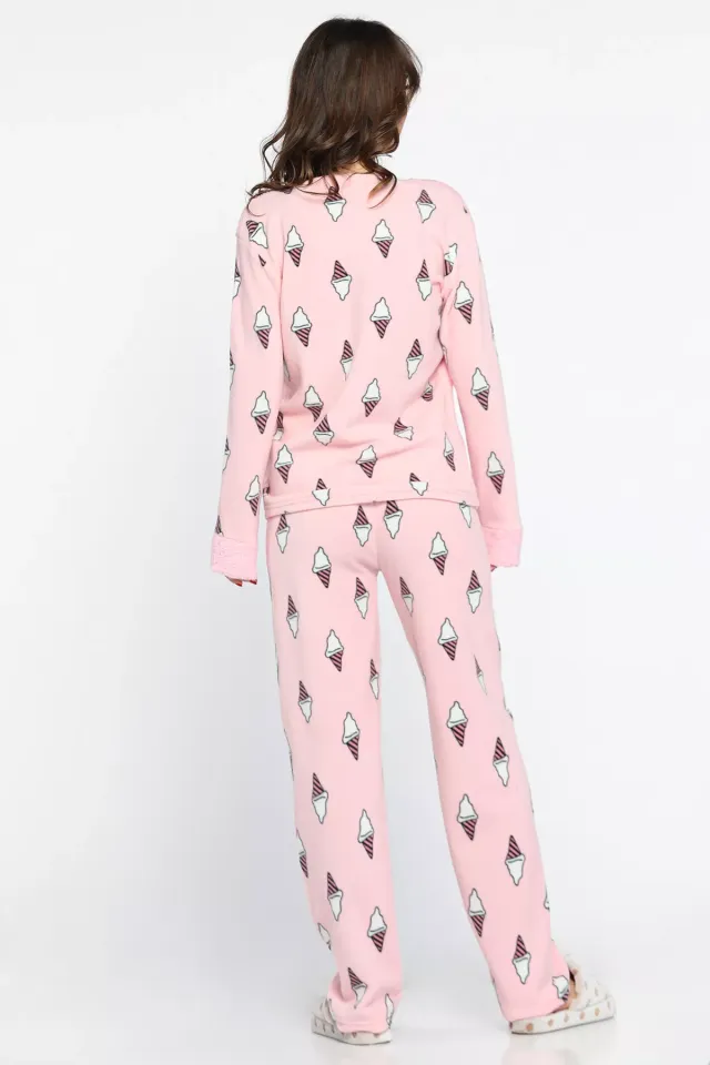 Kadın Bisiklet Yaka Desenli Polar Pijama Takımı Pembe