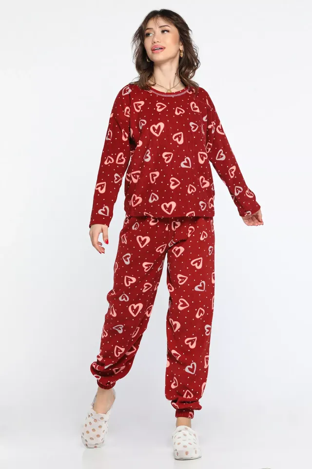 Kadın Bisiklet Yaka Kalp Desenli Polar Pijama Takımı Bordo